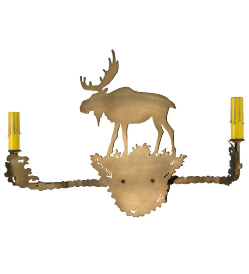 Meyda Lighting Lone Moose 27" 2-Light Antique Copper Wall Sconce With Beige Leather Fabric Shade