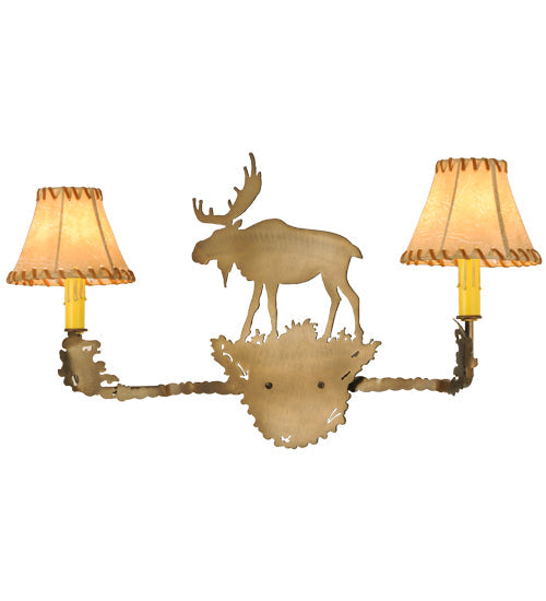 Meyda Lighting Lone Moose 27" 2-Light Antique Copper Wall Sconce With Beige Leather Fabric Shade