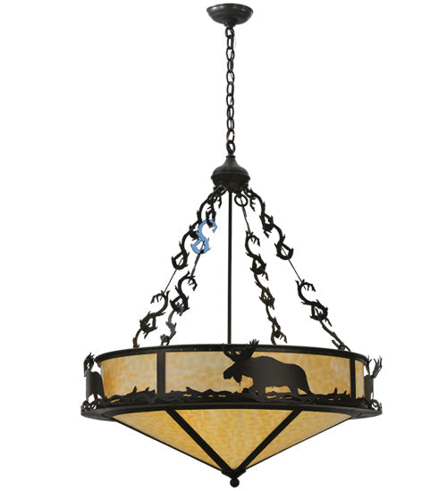 Meyda Lighting Lone Moose 31" 4-Light Timeless Bronze Inverted Pendant Light With Beige Art Shade Glass