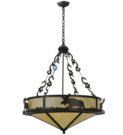 Meyda Lighting Lone Moose 31" 4-Light Timeless Bronze Inverted Pendant Light With Beige Art Shade Glass