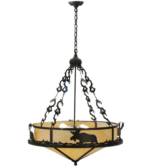 Meyda Lighting Lone Moose 31" 4-Light Timeless Bronze Inverted Pendant Light With Beige Art Shade Glass