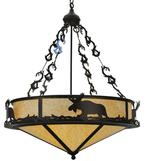 Meyda Lighting Lone Moose 31" 4-Light Timeless Bronze Inverted Pendant Light With Beige Art Shade Glass