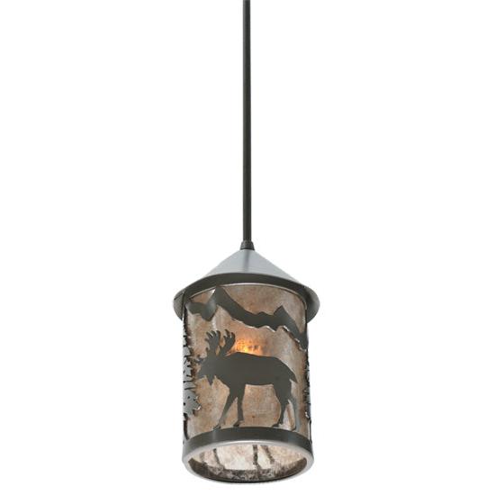 Meyda Lighting Lone Moose 6" Timeless Bronze Lantern Mini Pendant Light With Silver Mica Shade Glass