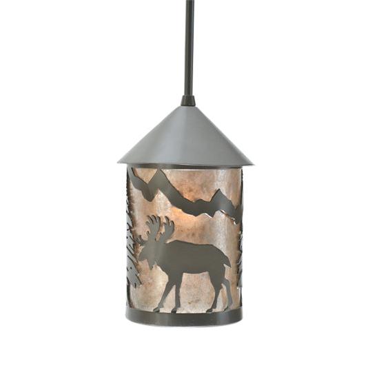 Meyda Lighting Lone Moose 6" Timeless Bronze Lantern Mini Pendant Light With Silver Mica Shade Glass