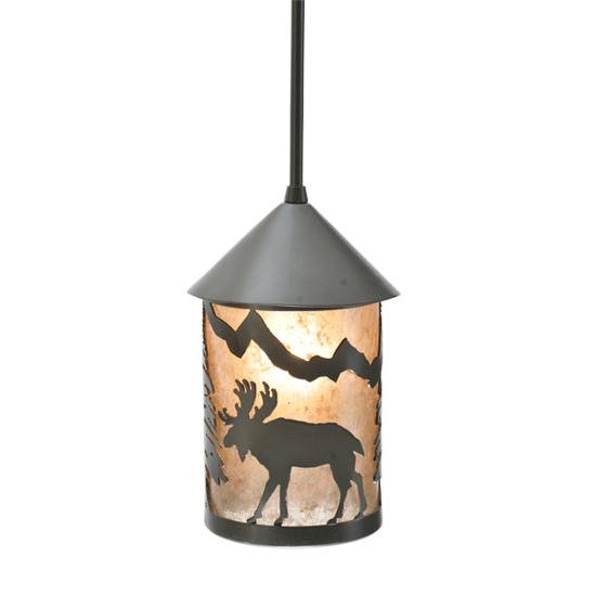 Meyda Lighting Lone Moose 6" Timeless Bronze Lantern Mini Pendant Light With Silver Mica Shade Glass