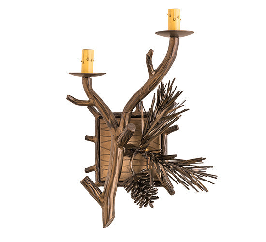 Meyda Lighting Lone Pine 12" 2-Light Antique Copper Left Wall Sconce With Beige Tan Faux Leather Shade