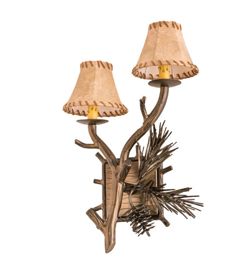 Meyda Lighting Lone Pine 12" 2-Light Antique Copper Left Wall Sconce With Beige Tan Faux Leather Shade