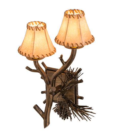 Meyda Lighting Lone Pine 12" 2-Light Antique Copper Left Wall Sconce With Beige Tan Faux Leather Shade