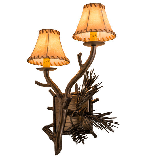 Meyda Lighting Lone Pine 12" 2-Light Antique Copper Left Wall Sconce With Beige Tan Faux Leather Shade