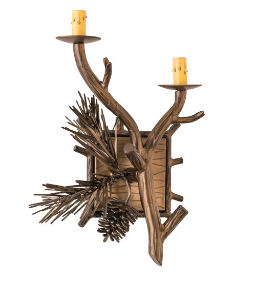 Meyda Lighting Lone Pine 12" 2-Light Antique Copper Right Wall Sconce With Beige Tan Faux Leather Shade