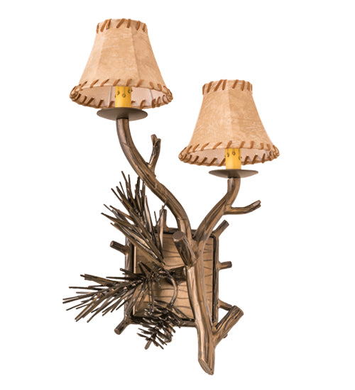 Meyda Lighting Lone Pine 12" 2-Light Antique Copper Right Wall Sconce With Beige Tan Faux Leather Shade