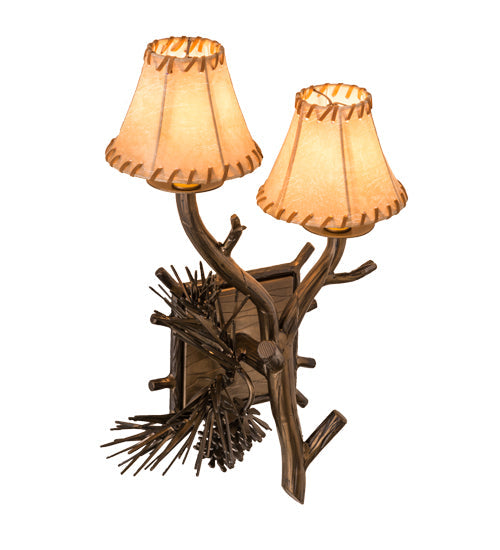 Meyda Lighting Lone Pine 12" 2-Light Antique Copper Right Wall Sconce With Beige Tan Faux Leather Shade