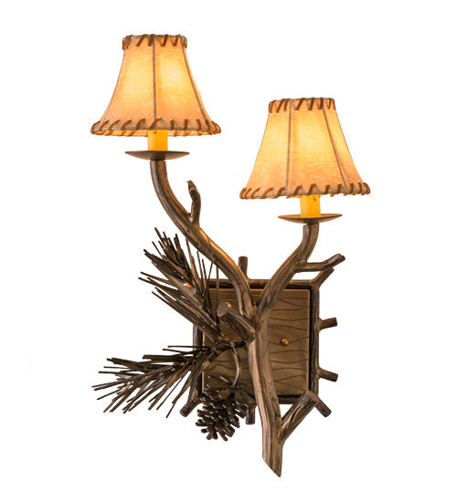 Meyda Lighting Lone Pine 12" 2-Light Antique Copper Right Wall Sconce With Beige Tan Faux Leather Shade