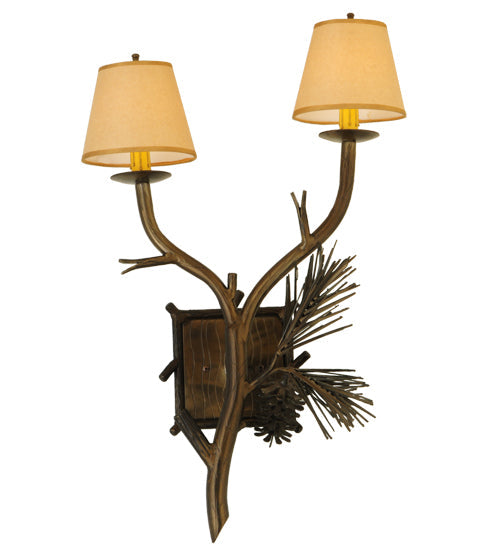 Meyda Lighting Lone Pine 16" 2-Light Antique Copper Wall Sconce With Beige Fabric Shade