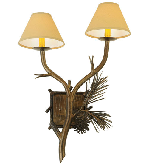 Meyda Lighting Lone Pine 18" 2-Light Antique Copper Wall Sconce With Tuscan Alabaster-Colored Fabric Shade
