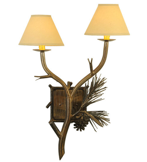 Meyda Lighting Lone Pine 18" 2-Light Antique Copper Wall Sconce With Tuscan Alabaster-Colored Fabric Shade