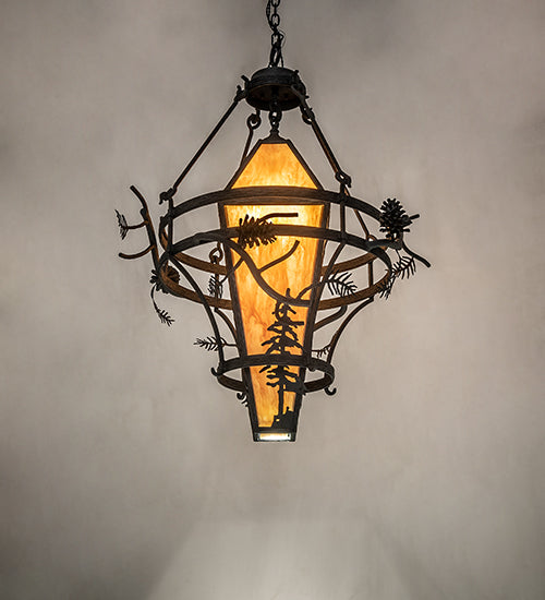 Meyda Lighting Lone Pine 36" 3-Light Black Cracked Ice Pendant Light With Ambra Sienna Idalight Shade