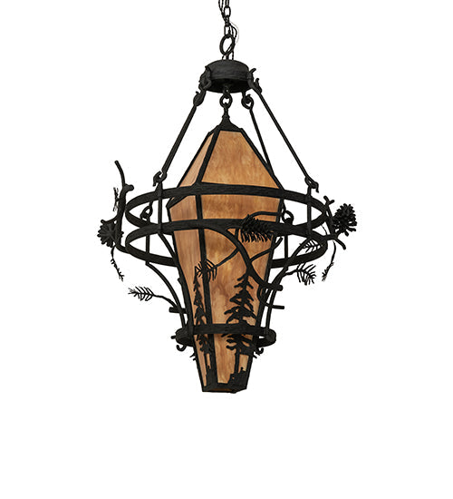 Meyda Lighting Lone Pine 36" 3-Light Black Cracked Ice Pendant Light With Ambra Sienna Idalight Shade