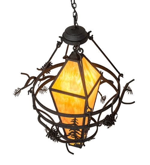 Meyda Lighting Lone Pine 36" 3-Light Black Cracked Ice Pendant Light With Ambra Sienna Idalight Shade