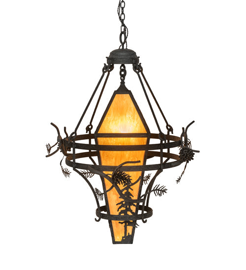 Meyda Lighting Lone Pine 36" 3-Light Black Cracked Ice Pendant Light With Ambra Sienna Idalight Shade