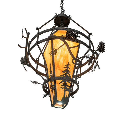 Meyda Lighting Lone Pine 36" 3-Light Black Cracked Ice Pendant Light With Ambra Sienna Idalight Shade