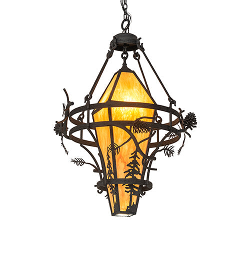 Meyda Lighting Lone Pine 36" 3-Light Black Cracked Ice Pendant Light With Ambra Sienna Idalight Shade
