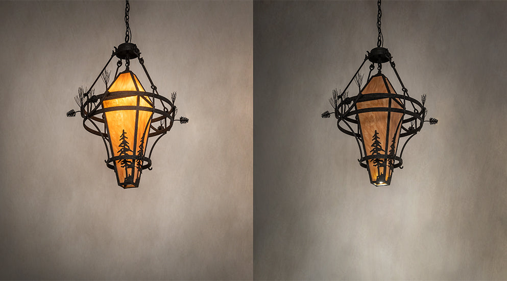 Meyda Lighting Lone Pine 36" 4-Light Black Cracked Ice Pendant Light With Ambra Sienna Shade