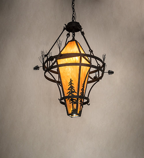 Meyda Lighting Lone Pine 36" 4-Light Black Cracked Ice Pendant Light With Ambra Sienna Shade