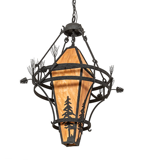 Meyda Lighting Lone Pine 36" 4-Light Black Cracked Ice Pendant Light With Ambra Sienna Shade