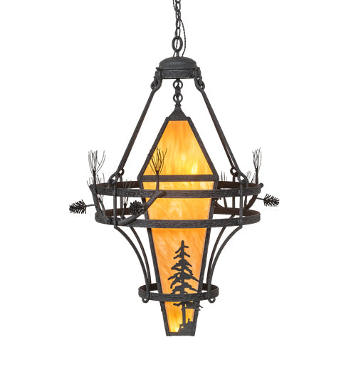 Meyda Lighting Lone Pine 36" 4-Light Black Cracked Ice Pendant Light With Ambra Sienna Shade