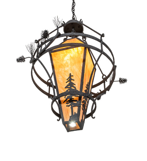 Meyda Lighting Lone Pine 36" 4-Light Black Cracked Ice Pendant Light With Ambra Sienna Shade