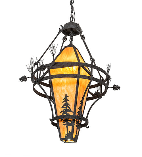 Meyda Lighting Lone Pine 36" 4-Light Black Cracked Ice Pendant Light With Ambra Sienna Shade