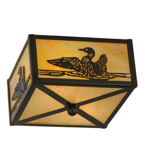Meyda Lighting Loon 14" 2-Light Timeless Bronze Flush Mount Light With Beige Iridescent Shade Glass