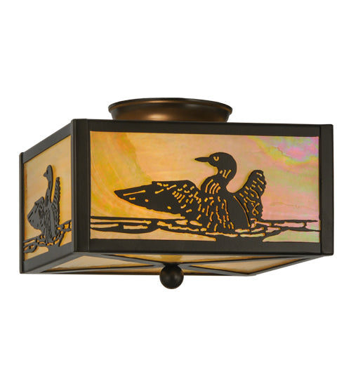 Meyda Lighting Loon 14" 2-Light Timeless Bronze Flush Mount Light With Beige Iridescent Shade Glass