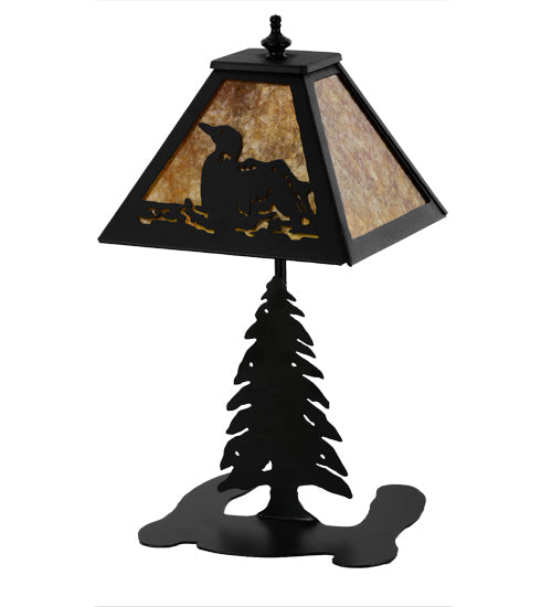 Meyda Lighting Loon 15" Textured Black Accent Table Lamp With Amber Mica Shade Glass