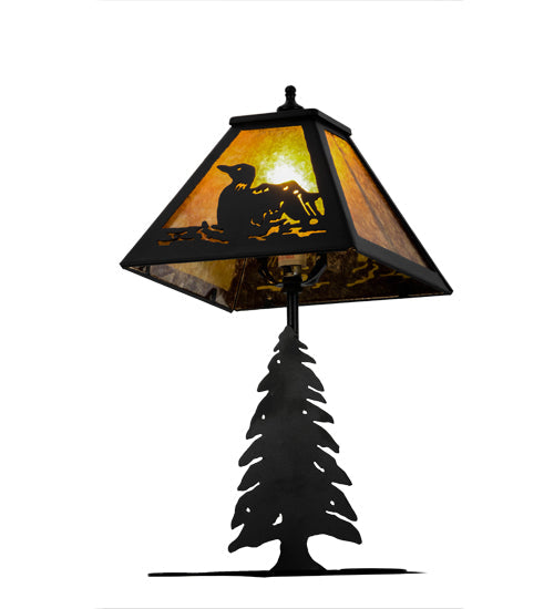 Meyda Lighting Loon 15" Textured Black Accent Table Lamp With Amber Mica Shade Glass