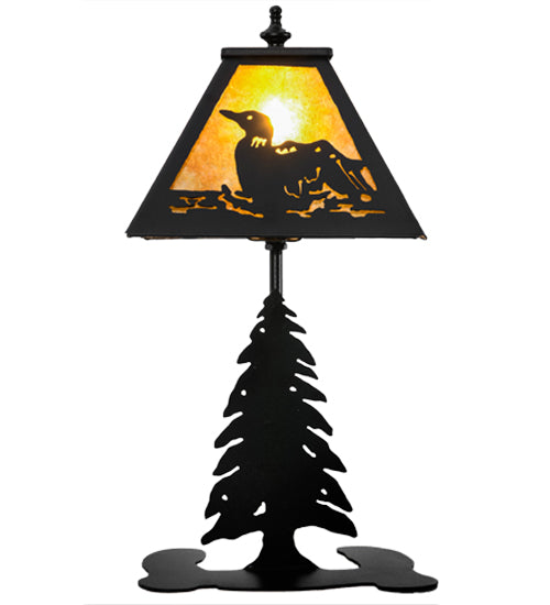 Meyda Lighting Loon 15" Textured Black Accent Table Lamp With Amber Mica Shade Glass