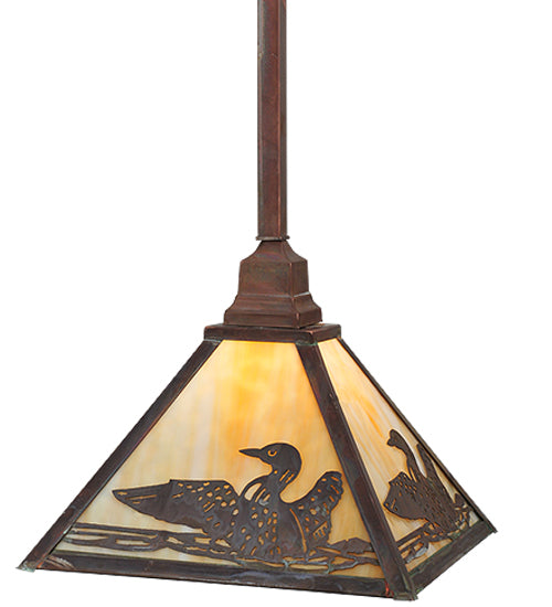 Meyda Lighting Loon 17" Vintage Copper On Brass Pendant Light With Beige Art Shade Glass