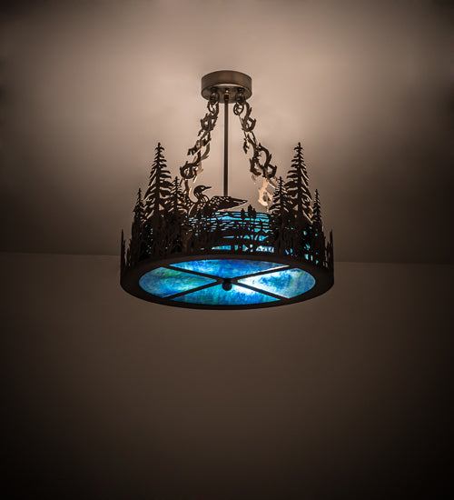 Meyda Lighting Loon 20" 4-Light Antique Copper Semi-flush Mount Light With Blue Green Shade Glass