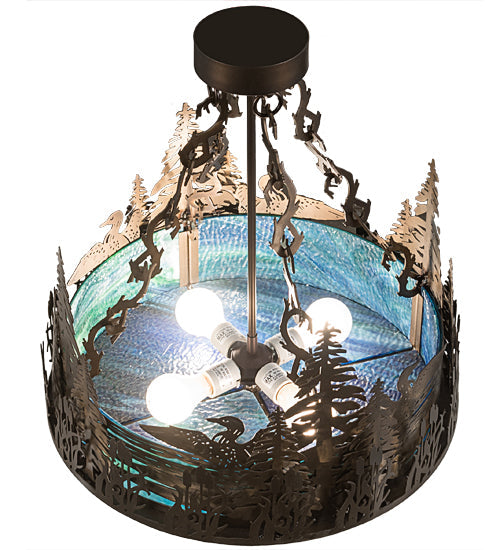 Meyda Lighting Loon 20" 4-Light Antique Copper Semi-flush Mount Light With Blue Green Shade Glass
