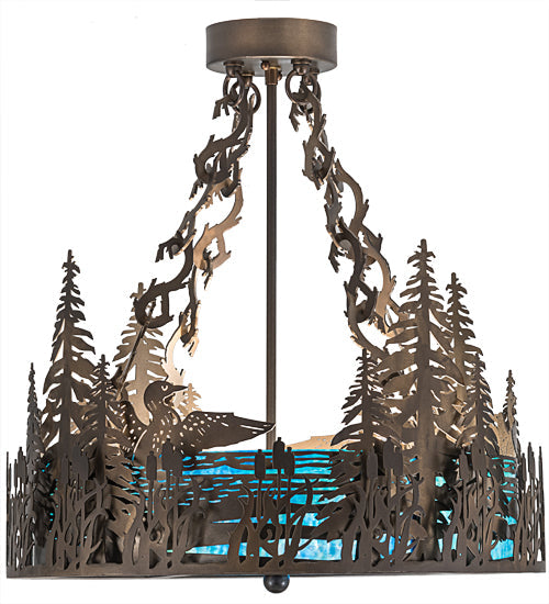 Meyda Lighting Loon 20" 4-Light Antique Copper Semi-flush Mount Light With Blue Green Shade Glass