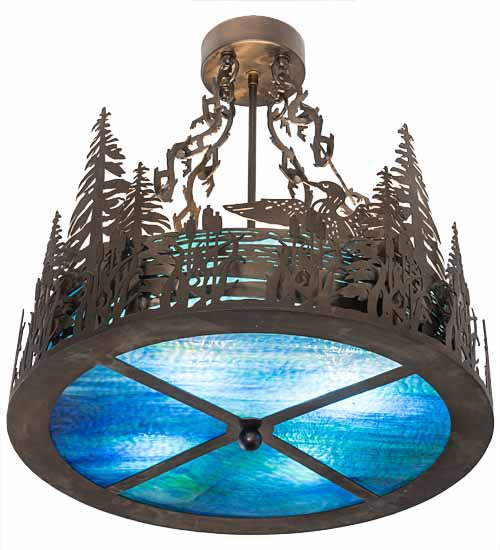 Meyda Lighting Loon 20" 4-Light Antique Copper Semi-flush Mount Light With Blue Green Shade Glass