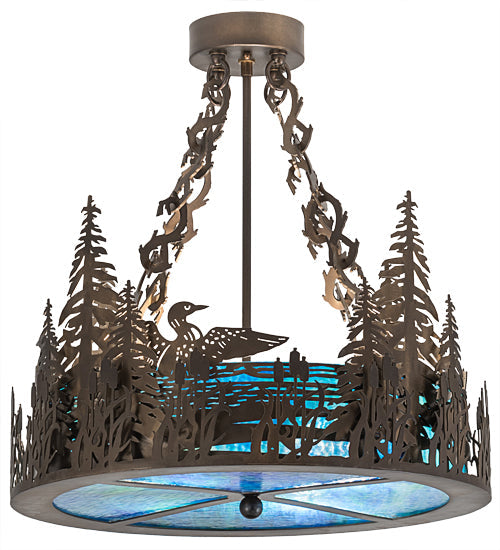 Meyda Lighting Loon 20" 4-Light Antique Copper Semi-flush Mount Light With Blue Green Shade Glass