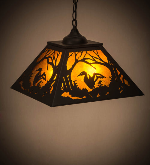 Meyda Lighting Loon 22" 2-Light Textured Black Pendant Light With Amber Mica Shade Glass