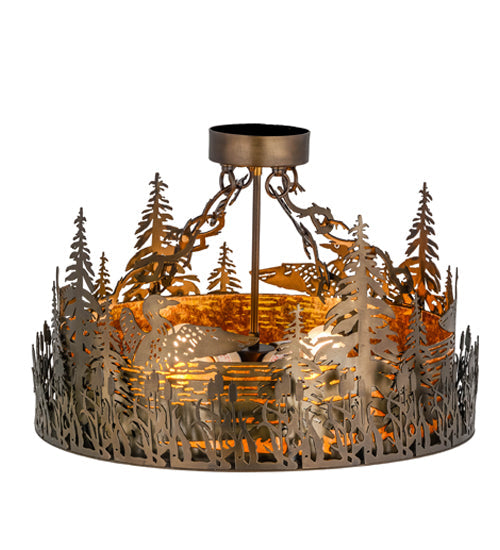 Meyda Lighting Loon 22" 4-Light Antique Copper Semi-flush Mount Ceiling Light With Amber Mica Shade Glass