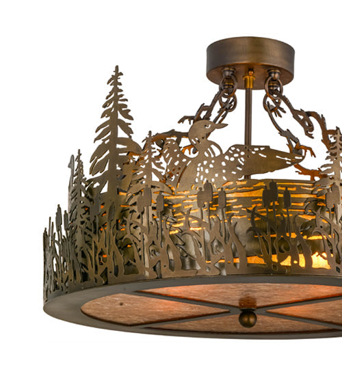 Meyda Lighting Loon 22" 4-Light Antique Copper Semi-flush Mount Ceiling Light With Amber Mica Shade Glass