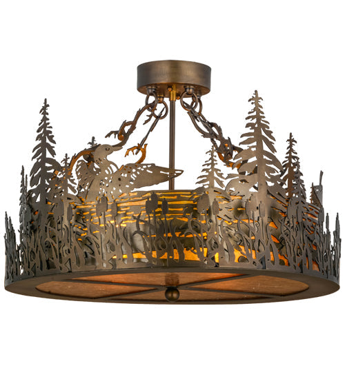 Meyda Lighting Loon 22" 4-Light Antique Copper Semi-flush Mount Ceiling Light With Amber Mica Shade Glass