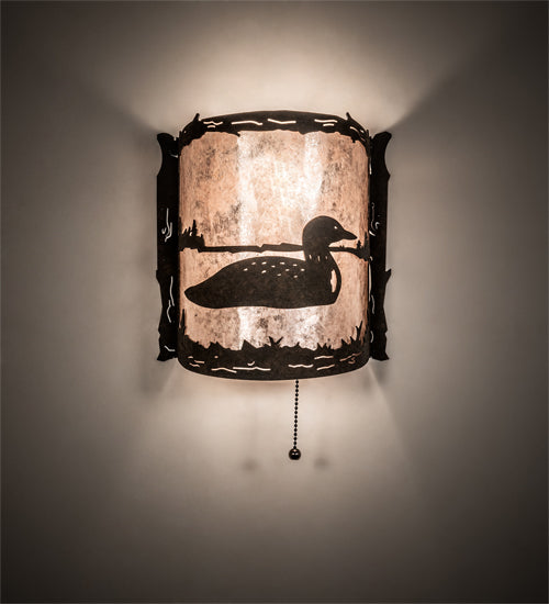 Meyda Lighting Loon 220794 9" Distressed Chestnut Right Wall Sconce With Silver Mica Shade Glass