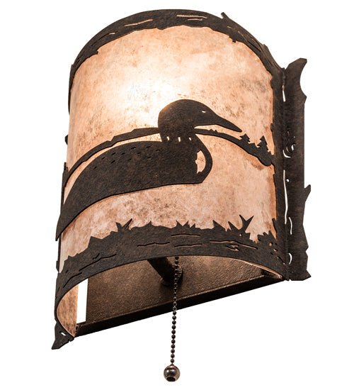 Meyda Lighting Loon 220794 9" Distressed Chestnut Right Wall Sconce With Silver Mica Shade Glass