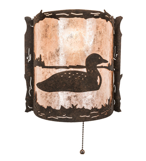 Meyda Lighting Loon 220794 9" Distressed Chestnut Right Wall Sconce With Silver Mica Shade Glass